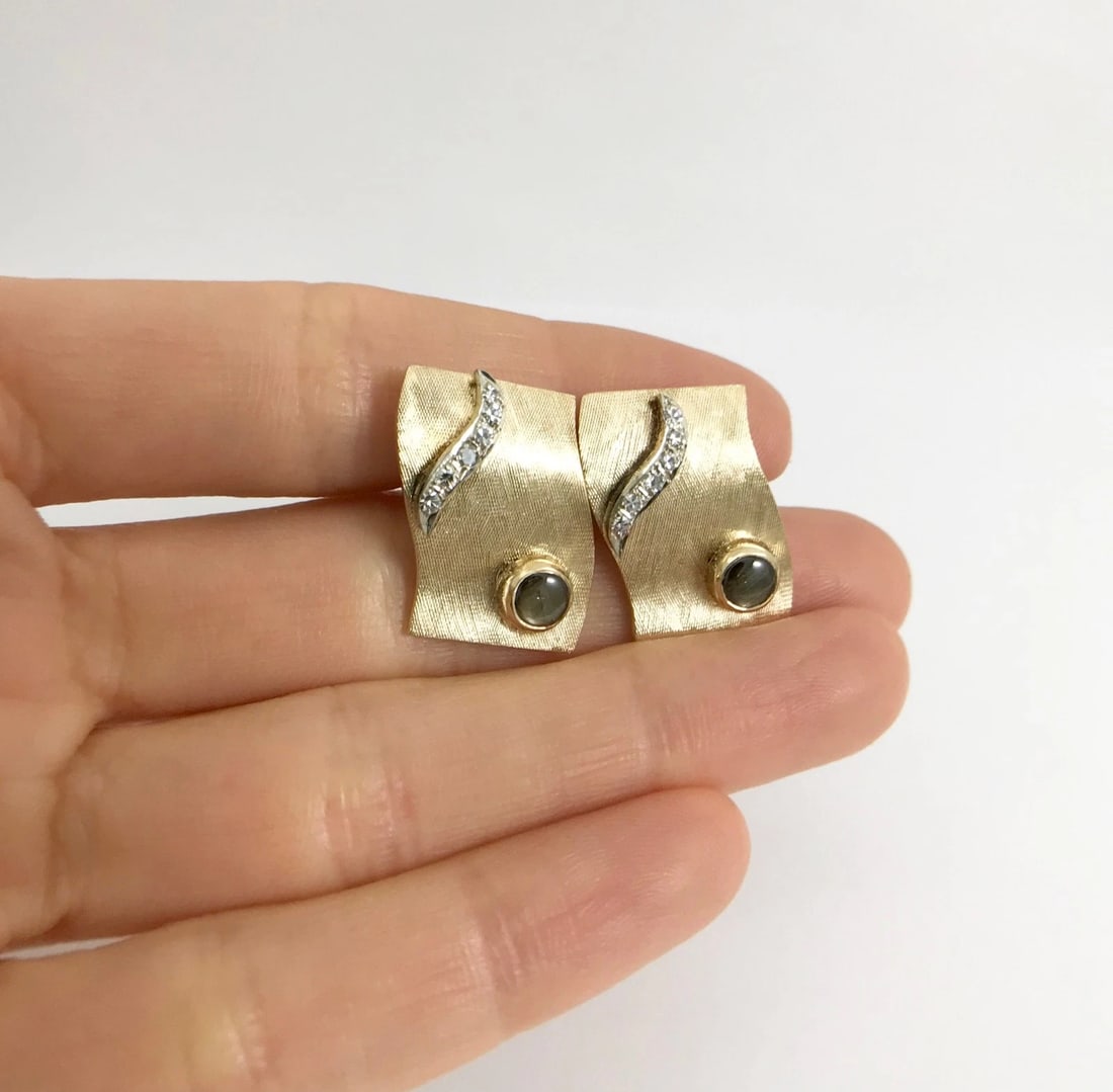 Vintage 1960's Tiger's Eye Diamond Wavy Cufflinks 14K Yellow Gold, 15.30 Grams - 4