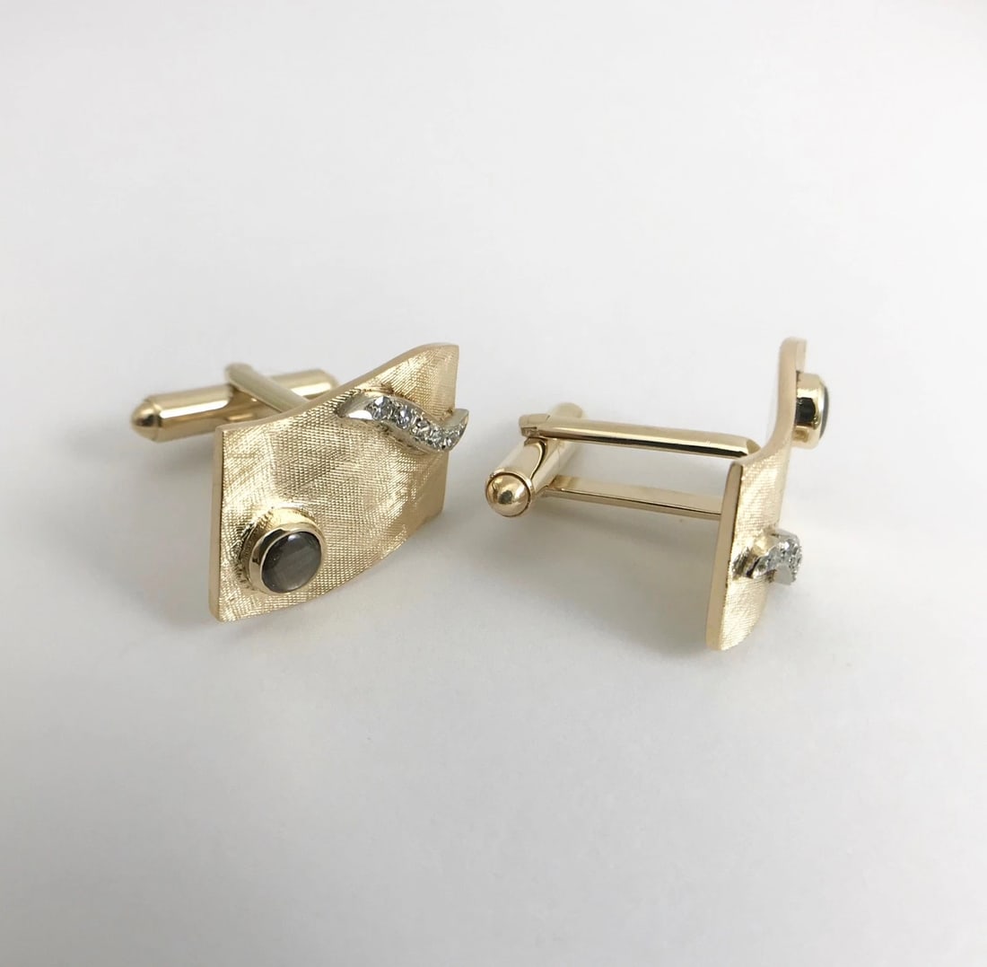 Vintage 1960's Tiger's Eye Diamond Wavy Cufflinks 14K Yellow Gold, 15.30 Grams - 5