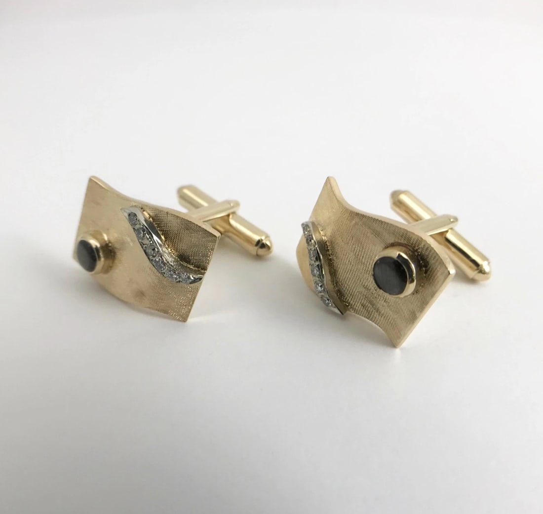 Vintage 1960's Tiger's Eye Diamond Wavy Cufflinks 14K Yellow Gold, 15.30 Grams - 6