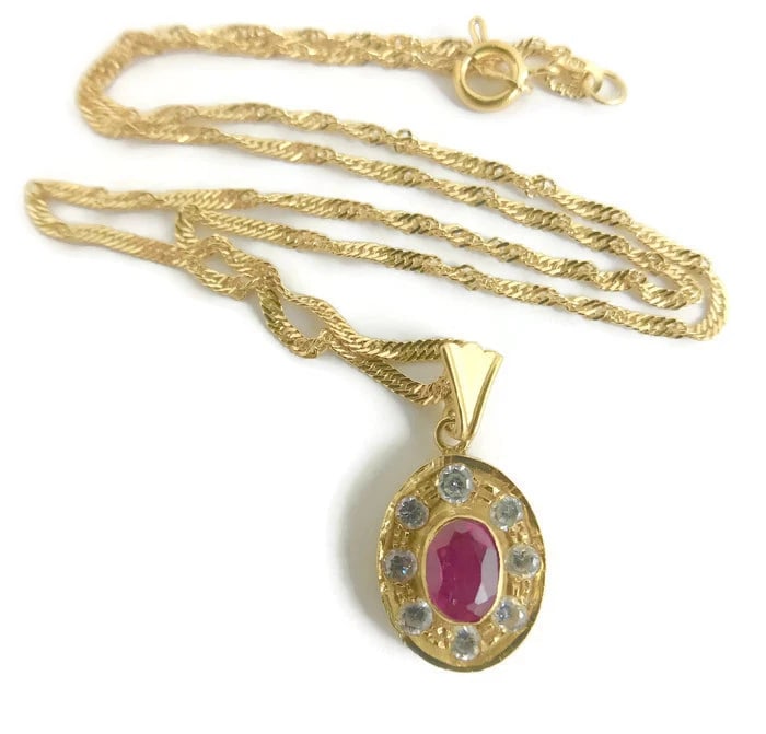 Vintage Oval Simulated Ruby CZ Halo Pendant Necklace 18K Yellow Gold, 5.47 Grams (1 of 9)