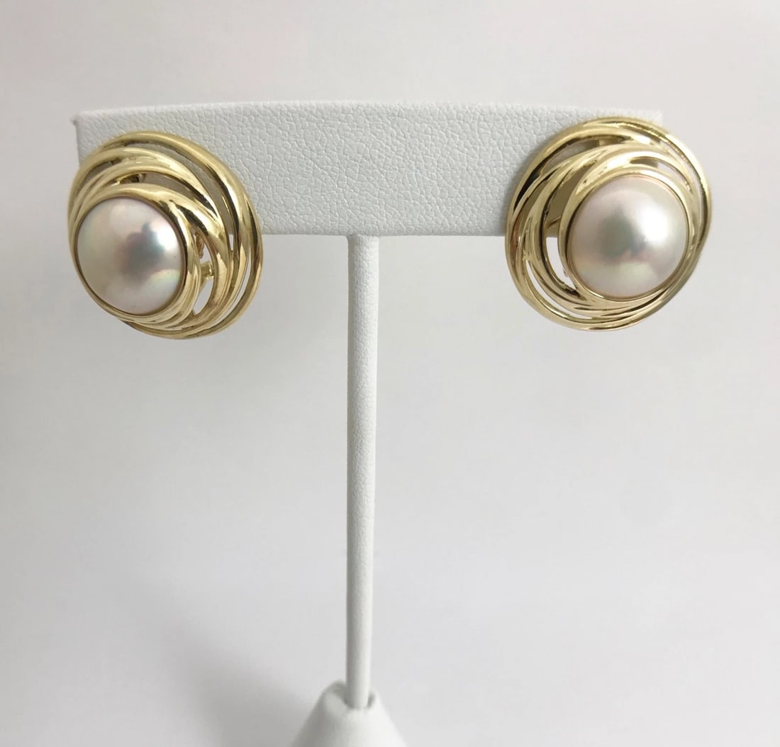 Vintage 1960's Japanese Pearl Swirl Button Stud Earrings 14K Yellow Gold 13.3 Gr - 3