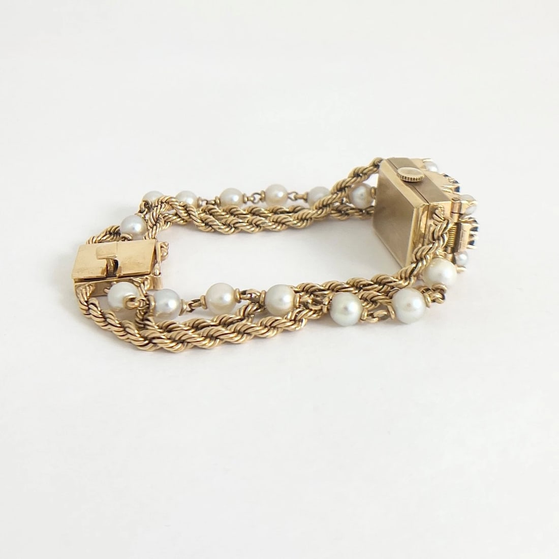 Vintage 1940's Nelmor Pearl Sapphire Bracelet Watch 14K Yellow Gold, 30.7 Grams - 7