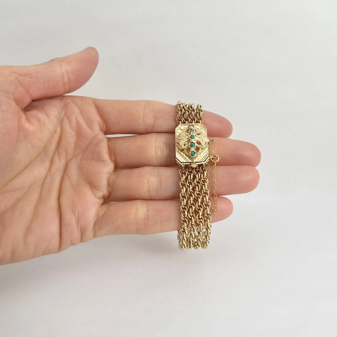 Vintage 1940's Turquoise Multi-Strand Chain Bracelet 14K Yellow Gold, 23.96 Gram - 2
