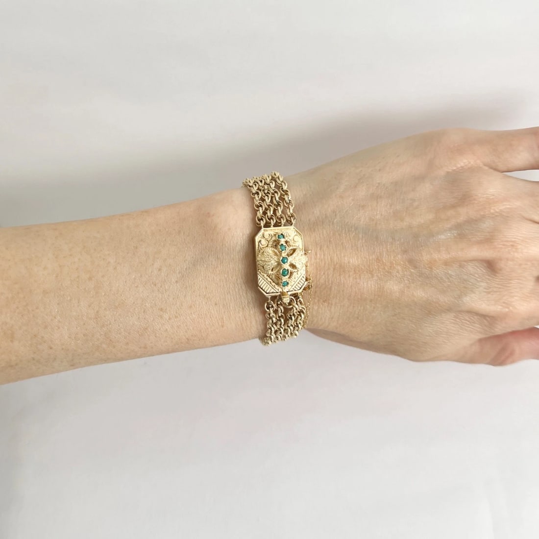 Vintage 1940's Turquoise Multi-Strand Chain Bracelet 14K Yellow Gold, 23.96 Gram - 3