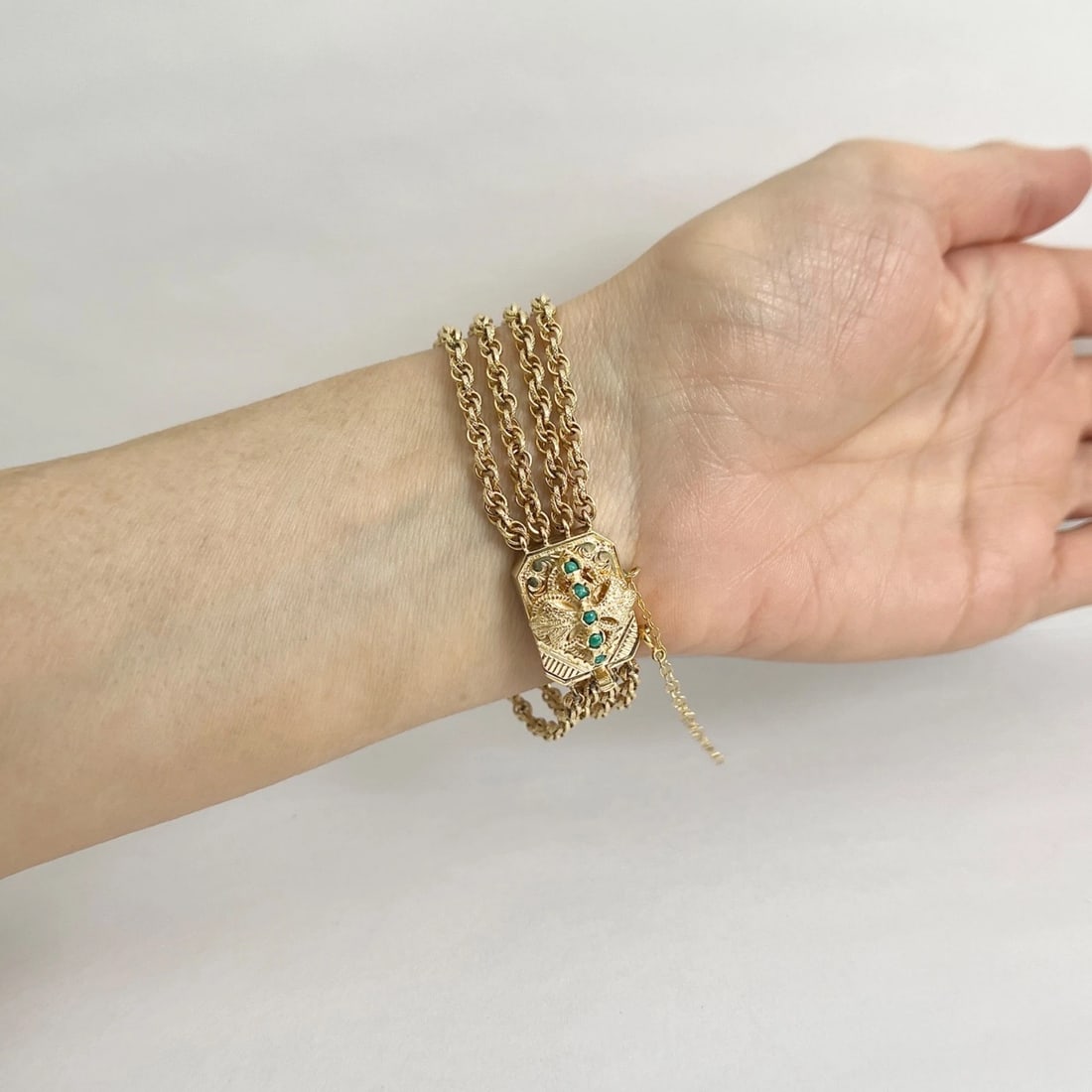 Vintage 1940's Turquoise Multi-Strand Chain Bracelet 14K Yellow Gold, 23.96 Gram - 8