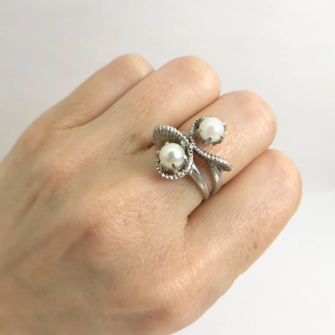 Vintage 1950's Double White Pearl Swirl Cocktail Ring 14K White Gold, 5.72 Grams - 5