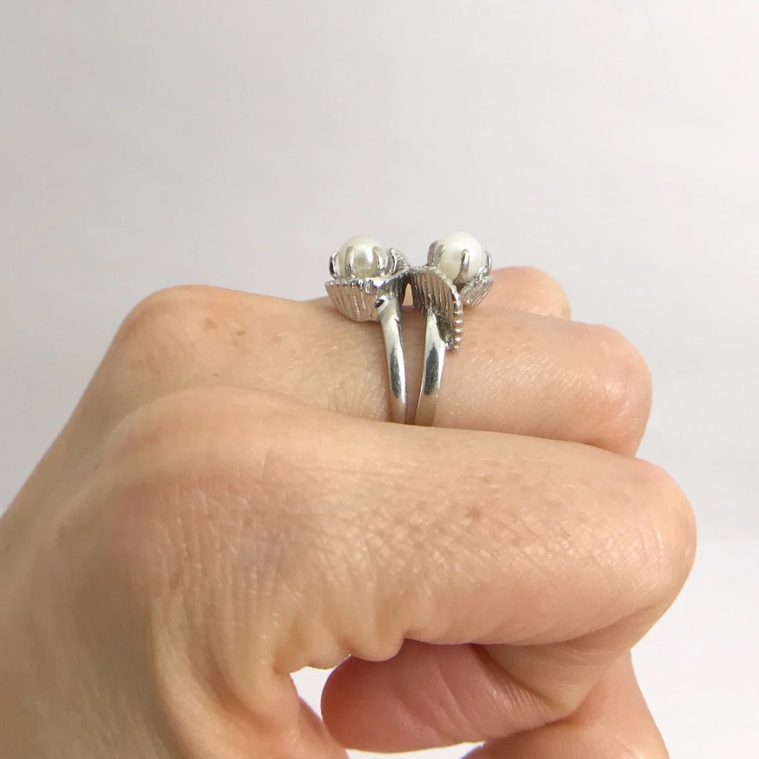 Vintage 1950's Double White Pearl Swirl Cocktail Ring 14K White Gold, 5.72 Grams - 6