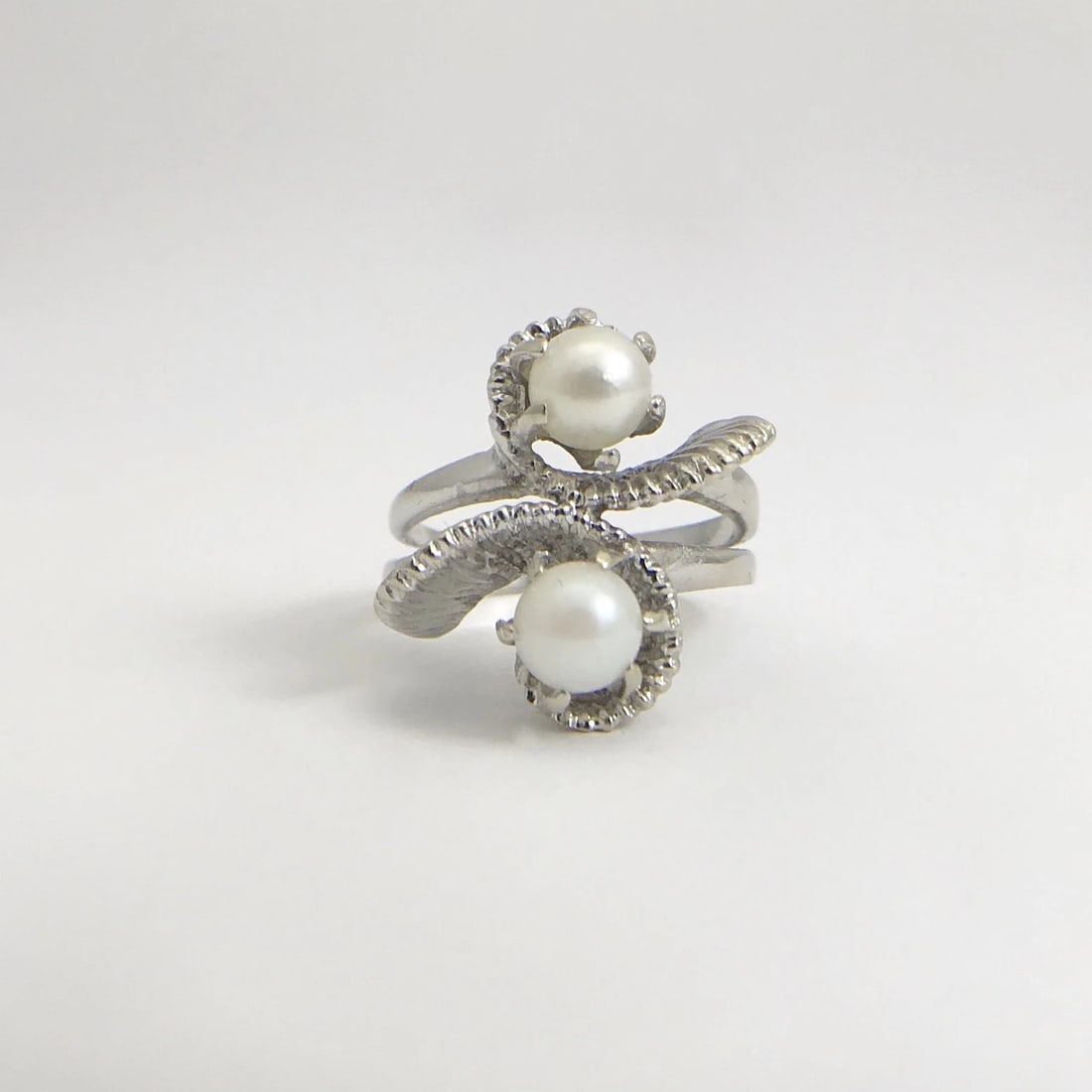 Vintage 1950's Double White Pearl Swirl Cocktail Ring 14K White Gold, 5.72 Grams - 7