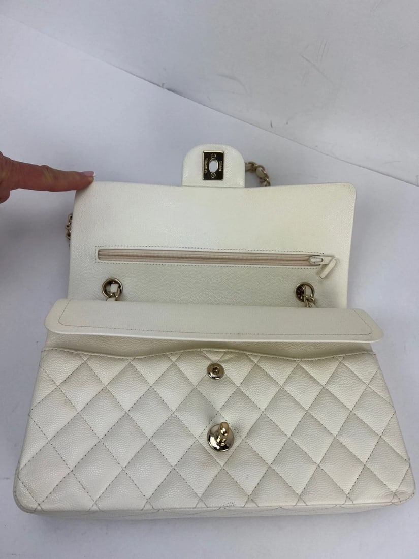 Chanel Caviar Quilted Medium Double Flap White Shoulder Bag - 12