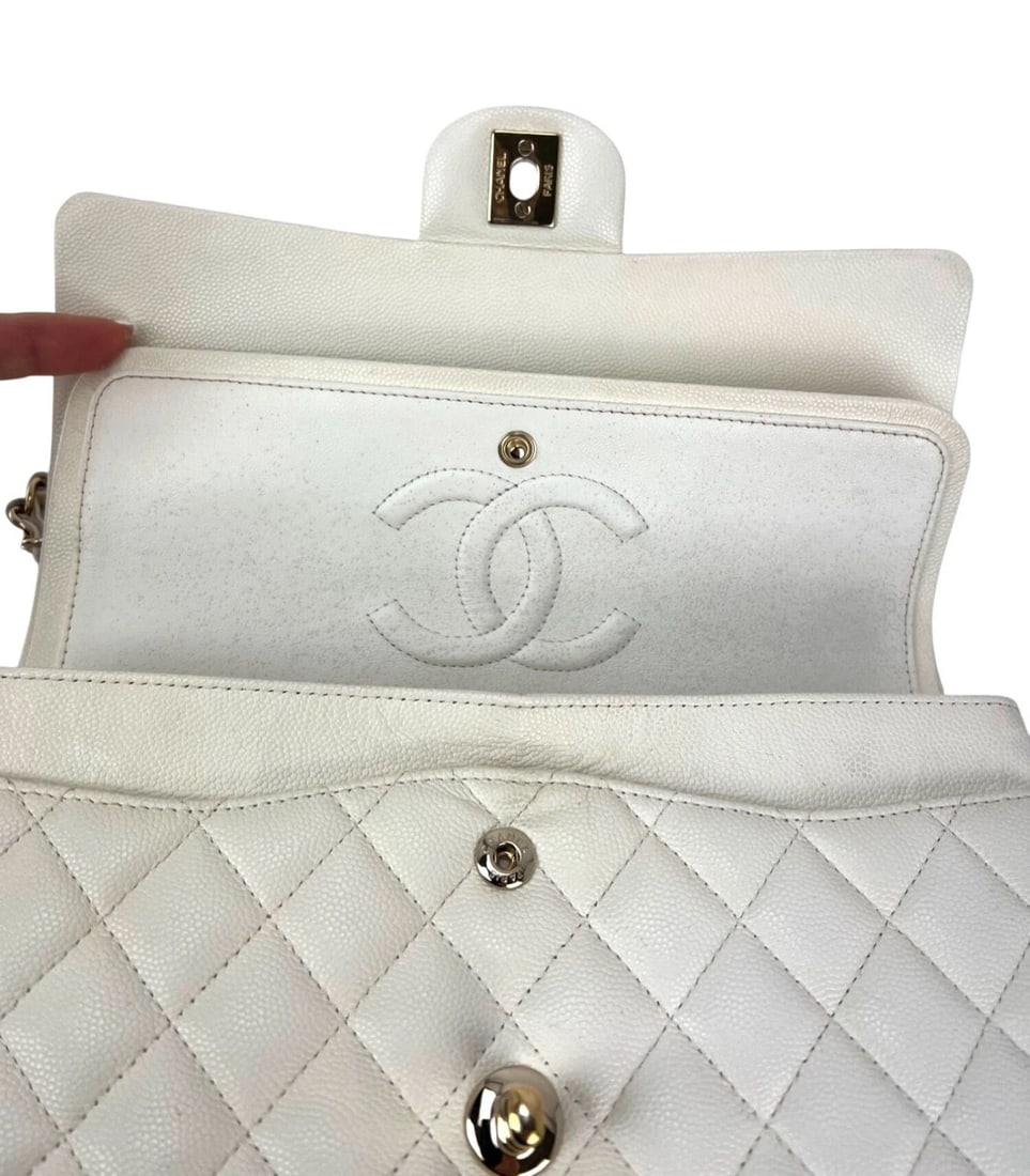 Chanel Caviar Quilted Medium Double Flap White Shoulder Bag - 4