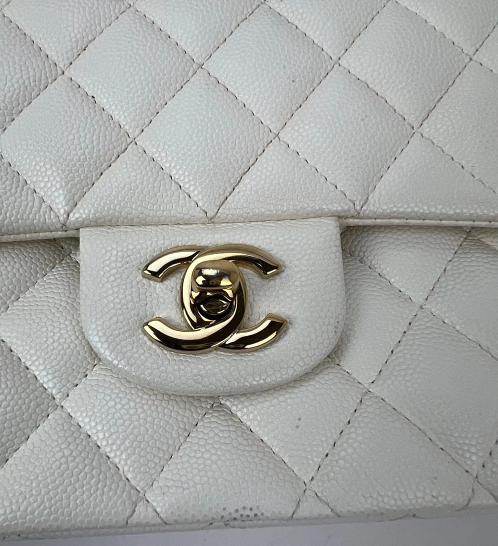 Chanel Caviar Quilted Medium Double Flap White Shoulder Bag - 7