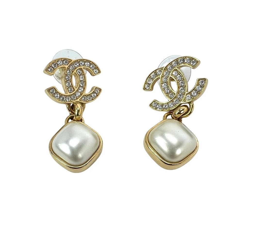 Chanel Gold Crystal CC Pearl Dangle Earrings - 2