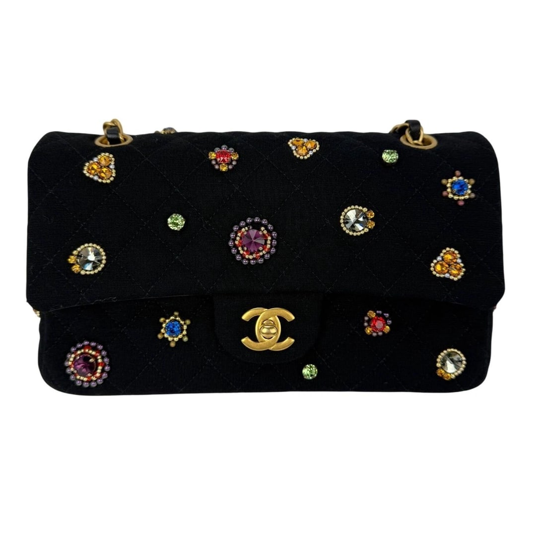 Chanel Jersey Knit Quilted Crystal Embellished Medium Double Flap Bag: Title: Chanel Jersey Knit Quilted Crystal Embellished Medium Double Flap Bag Description: Pre-Owned 100% Authentic Chanel Jersey Knit Quilted Crystal Embellished Medium Double Flap Shoulder Bag THIS B