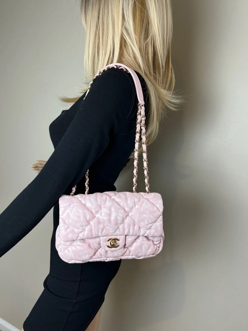 Chanel Printed Calfskin Quilted Medium Puffy Bubbly CC Pink Flap Bag - 15