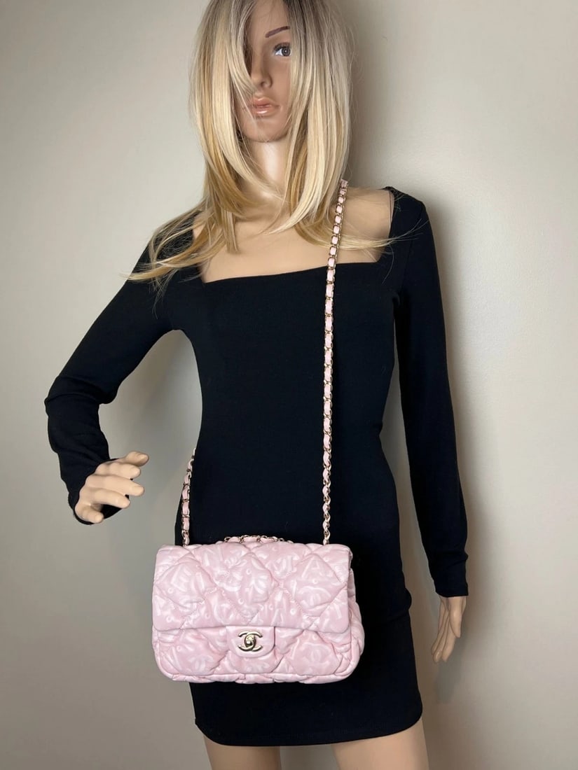 Chanel Printed Calfskin Quilted Medium Puffy Bubbly CC Pink Flap Bag - 16
