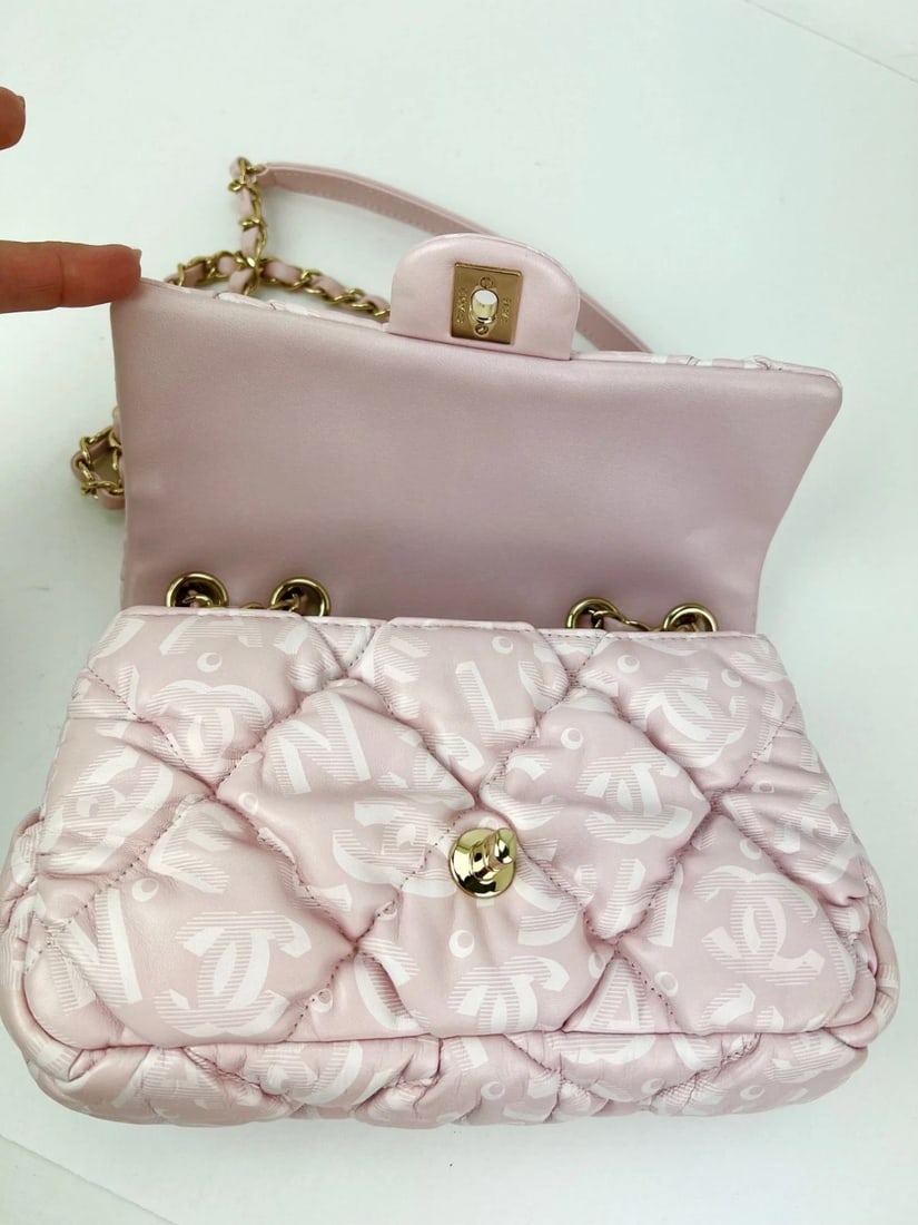 Chanel Printed Calfskin Quilted Medium Puffy Bubbly CC Pink Flap Bag - 9