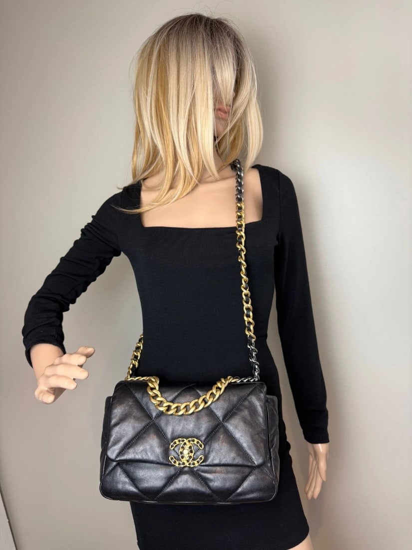 Chanel 19 Large Lambskin Quilted Small Black Smooth Flap Bag - 4