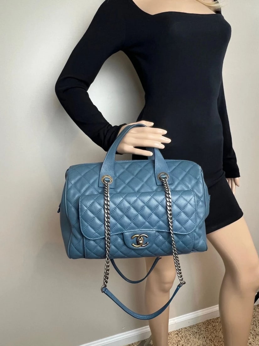 Chanel Quilted Caviar Large Blue Bowling Bag Ruthenium - 14