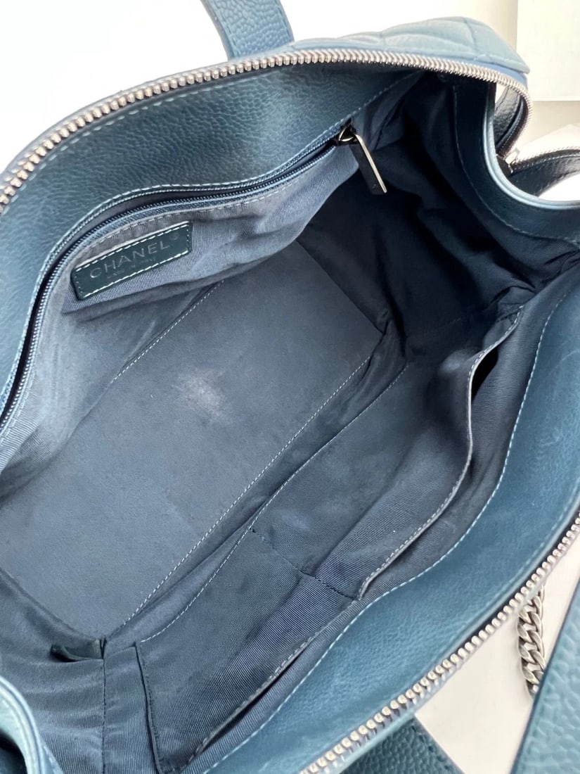 Chanel Quilted Caviar Large Blue Bowling Bag Ruthenium - 7