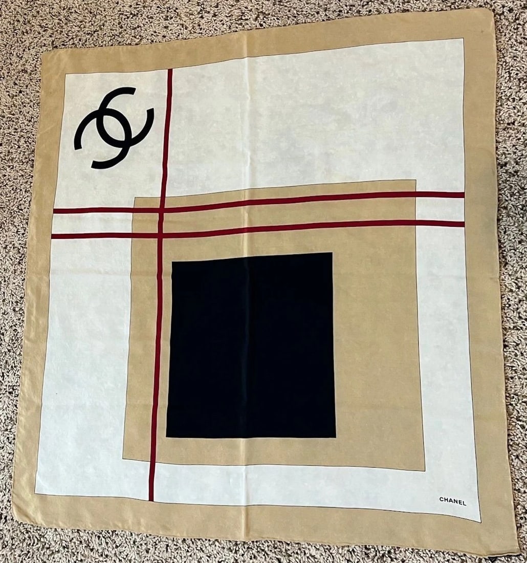 Chanel Beige Black Red Silk Logo Modern Design Scarf - 2