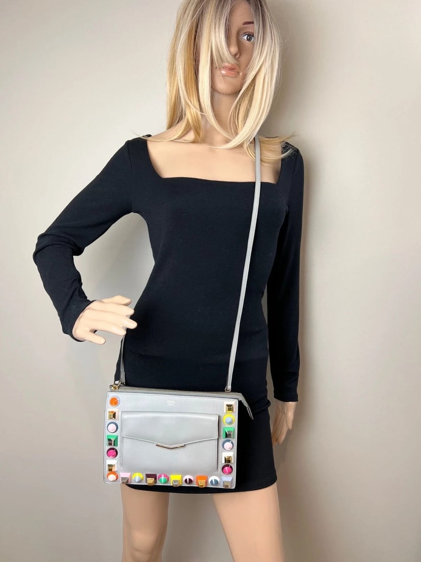 Fendi Rainbow Studs Gray Leather Crossbody Bag - 14