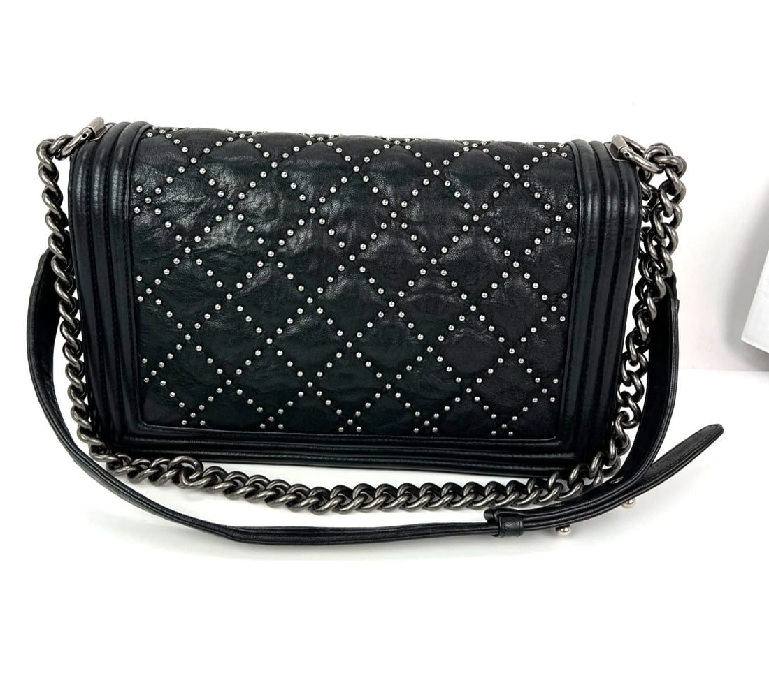 Chanel Crumpled Lambskin New Medium Studded Black Boy Flap Bag - 2