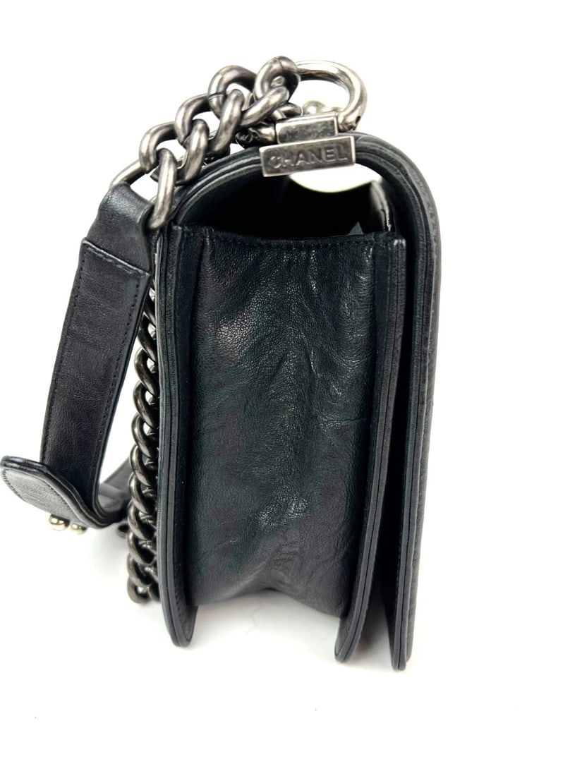 Chanel Crumpled Lambskin New Medium Studded Black Boy Flap Bag - 4