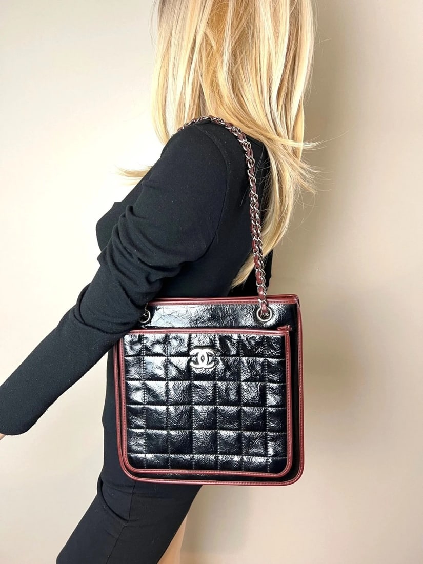 Chanel Chocolate Bar Chain Black Patient Leather Tote Bag - 12