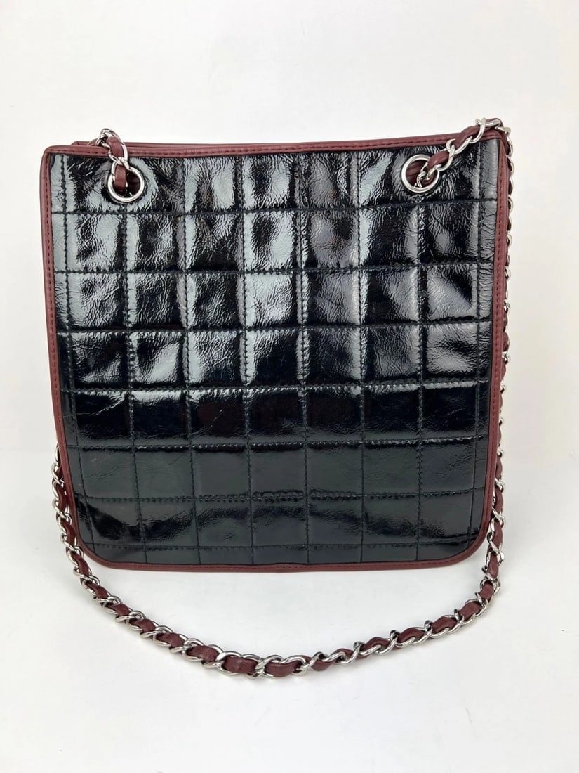 Chanel Chocolate Bar Chain Black Patient Leather Tote Bag - 2