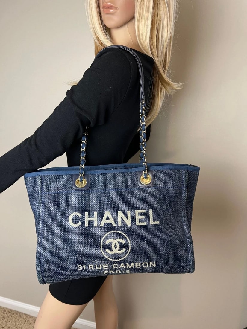 Chanel Woven Blue Small Deauville Straw Raffia Tote Bag - 10