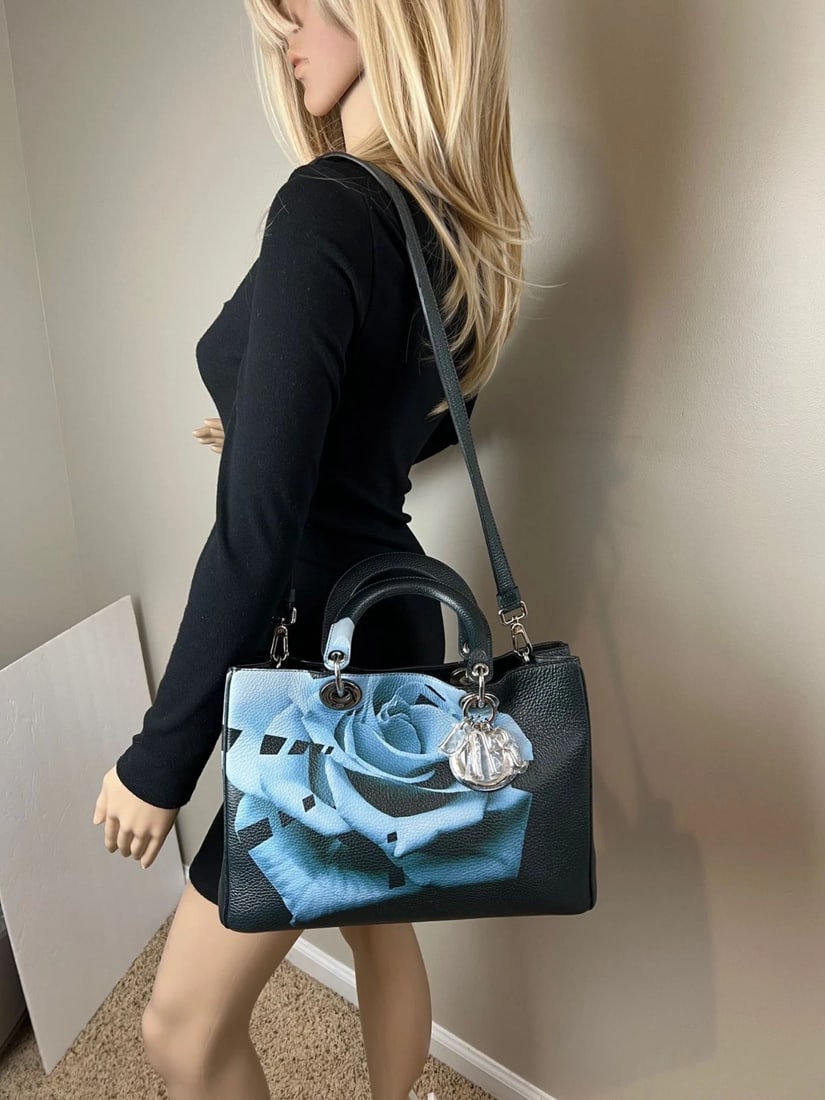 Christian Dior Dark Green Leather Lady Dior Bag Floral Print Tote Bag - 14