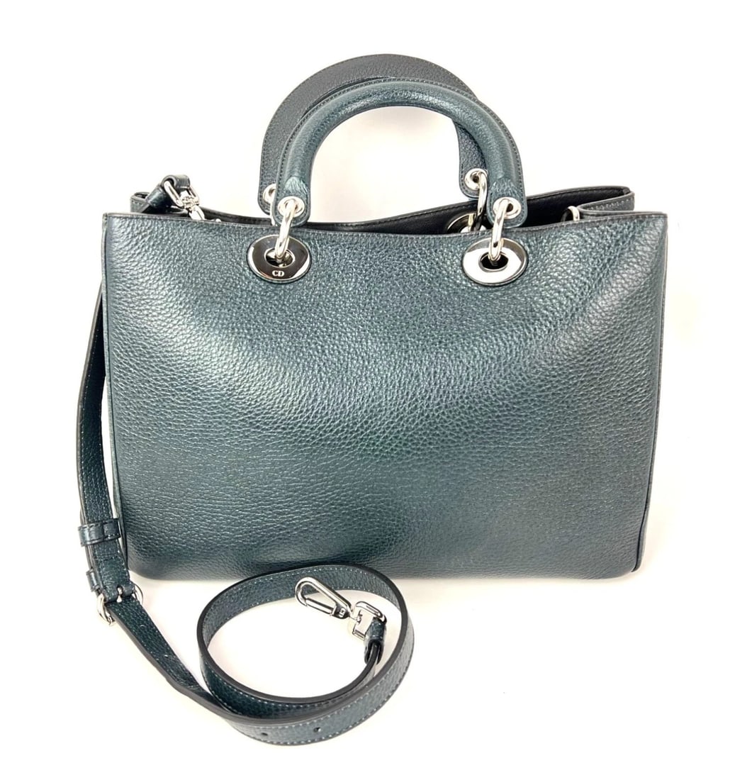Christian Dior Dark Green Leather Lady Dior Bag Floral Print Tote Bag - 2