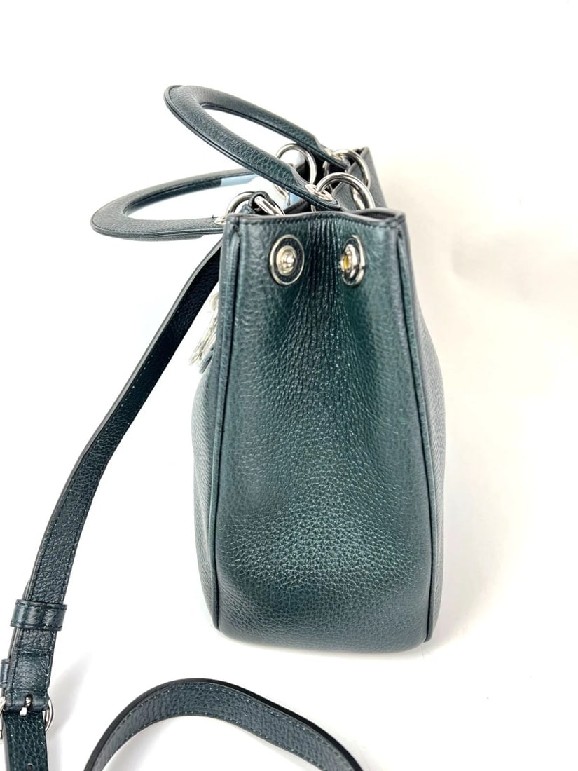 Christian Dior Dark Green Leather Lady Dior Bag Floral Print Tote Bag - 5