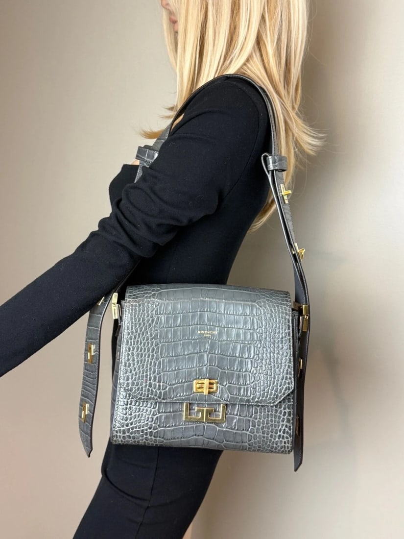 Givenchy Leather Crocodile Embossed Medium Eden Storm Gray Shoulder Bag IV - 12