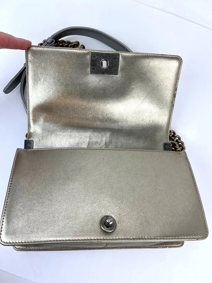 Chanel Metallic Calfskin Quilted Medium Boy Flap Khaki Silver Bag - 10