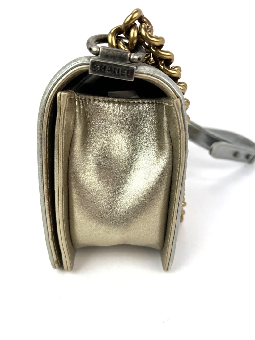 Chanel Metallic Calfskin Quilted Medium Boy Flap Khaki Silver Bag - 11