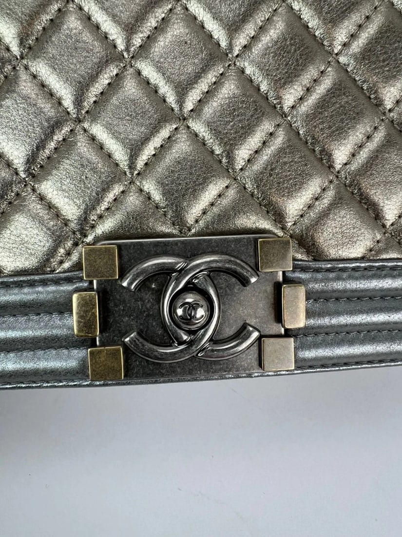 Chanel Metallic Calfskin Quilted Medium Boy Flap Khaki Silver Bag - 12