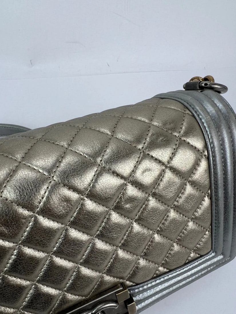 Chanel Metallic Calfskin Quilted Medium Boy Flap Khaki Silver Bag - 13