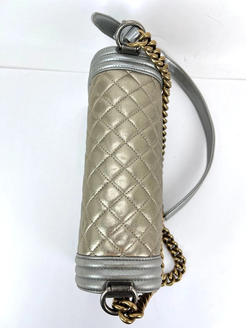 Chanel Metallic Calfskin Quilted Medium Boy Flap Khaki Silver Bag - 14