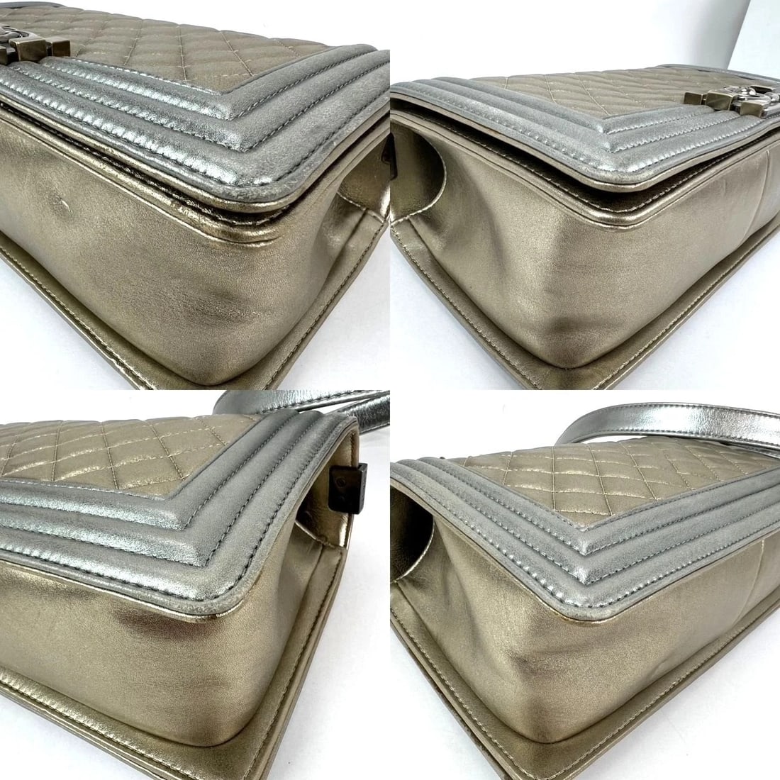 Chanel Metallic Calfskin Quilted Medium Boy Flap Khaki Silver Bag - 15
