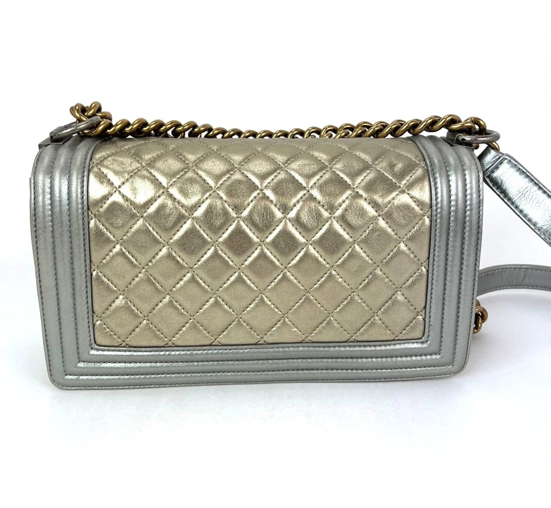 Chanel Metallic Calfskin Quilted Medium Boy Flap Khaki Silver Bag - 2