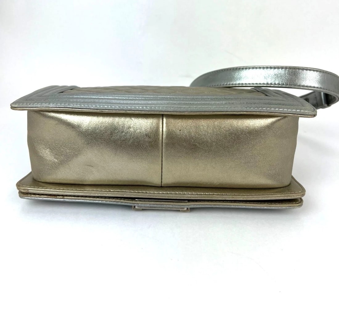 Chanel Metallic Calfskin Quilted Medium Boy Flap Khaki Silver Bag - 4
