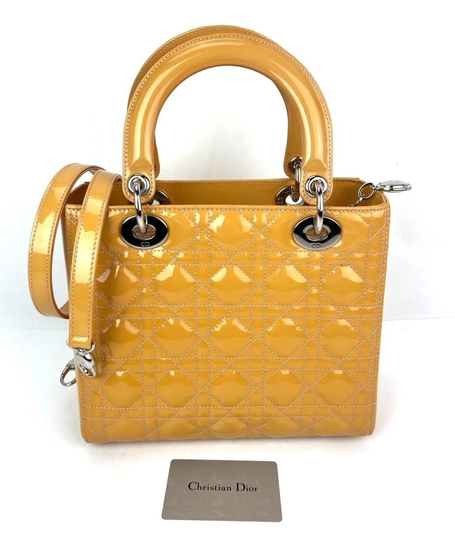 Christian Dior Yellow Patent Leather Cannage Medium Lady Dior Bag - 2