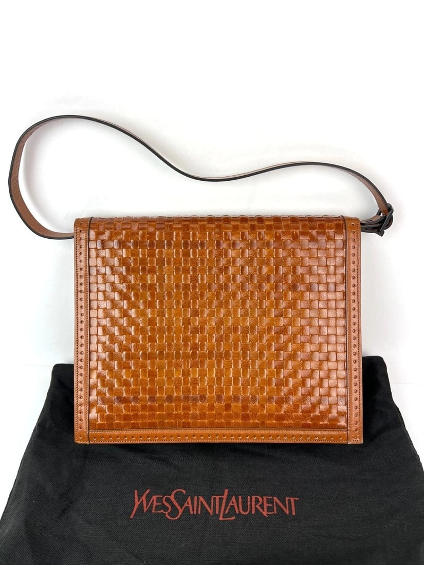 Yves Saint Laurent Woven Vintage Brown Leather Shoulder Clutch Bag - 2