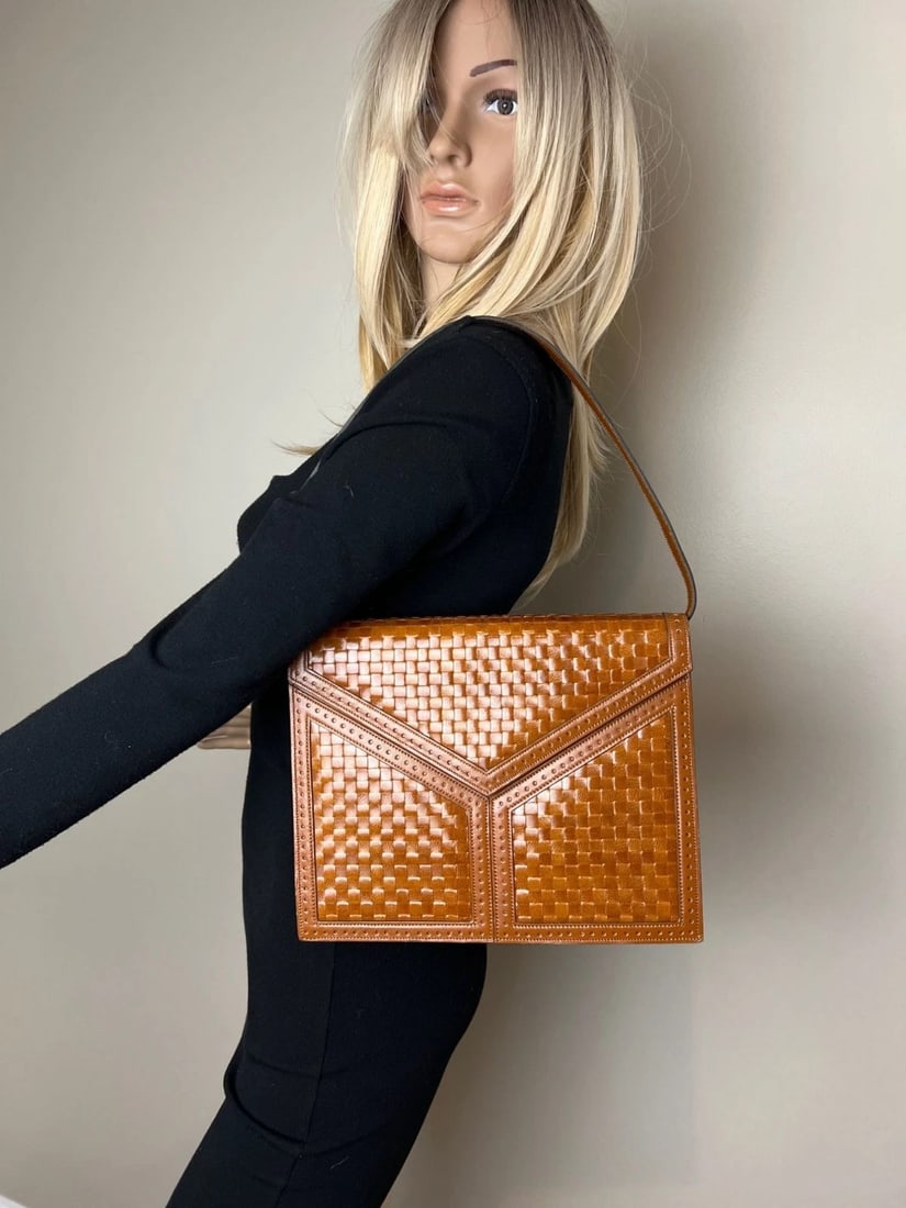 Yves Saint Laurent Woven Vintage Brown Leather Shoulder Clutch Bag - 4