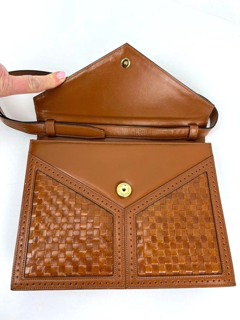 Yves Saint Laurent Woven Vintage Brown Leather Shoulder Clutch Bag - 8