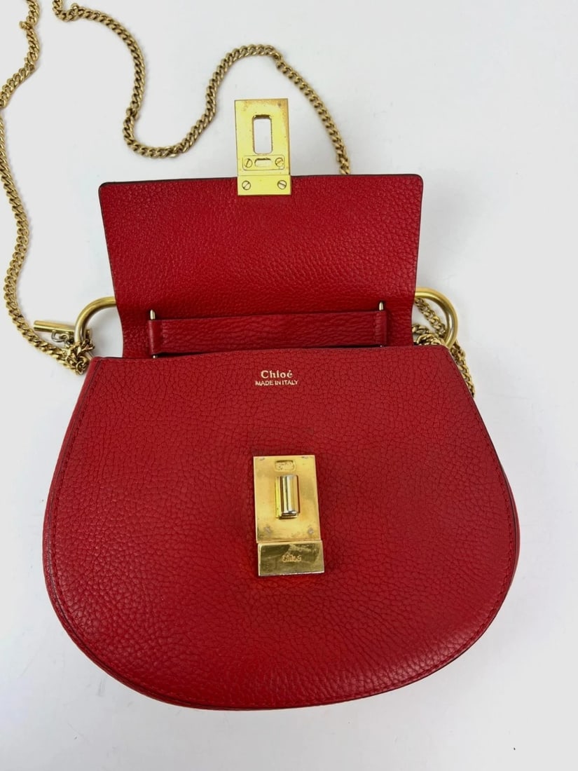 Chloe Mini Drew Leather Grained Lambskin Red Crossbody Bag - 13