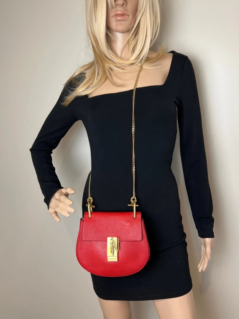 Chloe Mini Drew Leather Grained Lambskin Red Crossbody Bag - 15