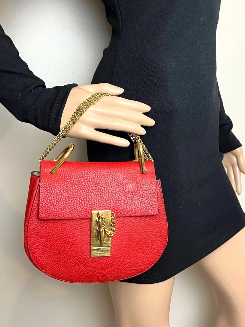 Chloe Mini Drew Leather Grained Lambskin Red Crossbody Bag - 9