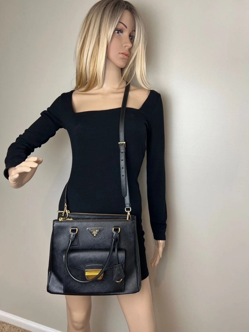Prada Safriano Front Pocket Double Zip black Tote Bag - 15